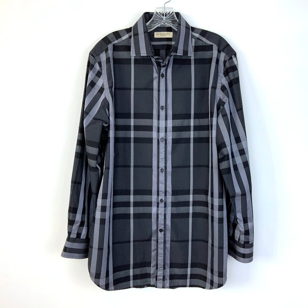 Burberry London Charcoal Gray Check Cotton Button Down Shirt Sz 16/34-35 - Picture 2 of 16